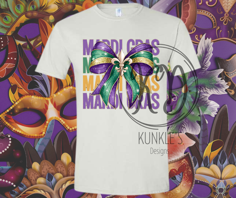 Mardi Gras - Wording Repeat w/ Bow Graphic Apparel