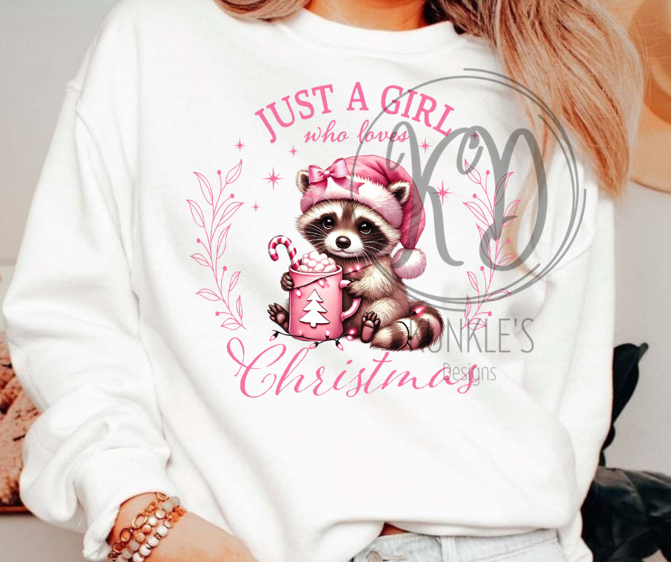 Pink Just A Girl Who Loves Christmas Racoon Graphic Apparel