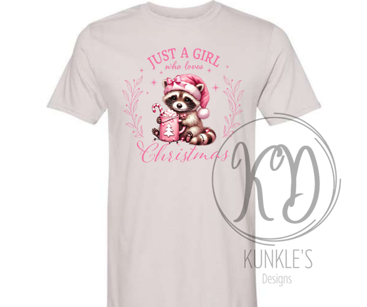 Pink Just A Girl Who Loves Christmas Racoon Graphic Apparel