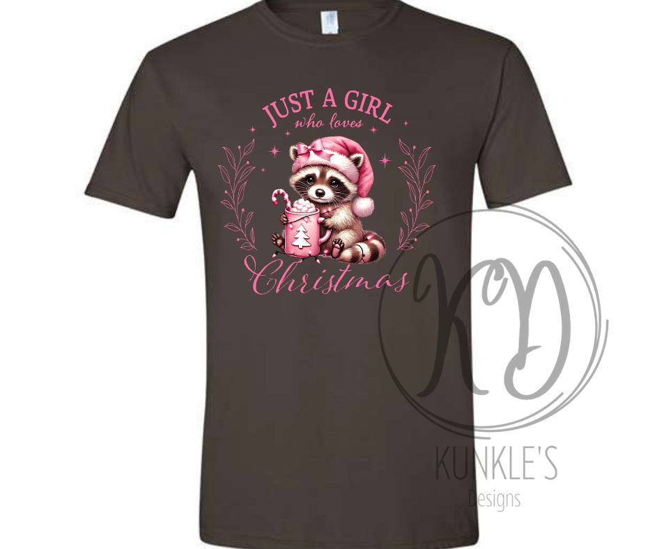 Pink Just A Girl Who Loves Christmas Racoon Graphic Apparel