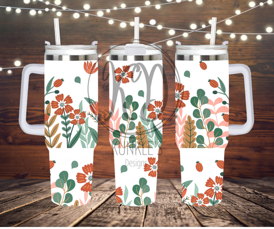 40 oz Tumbler Orange & Teal Flowers Design